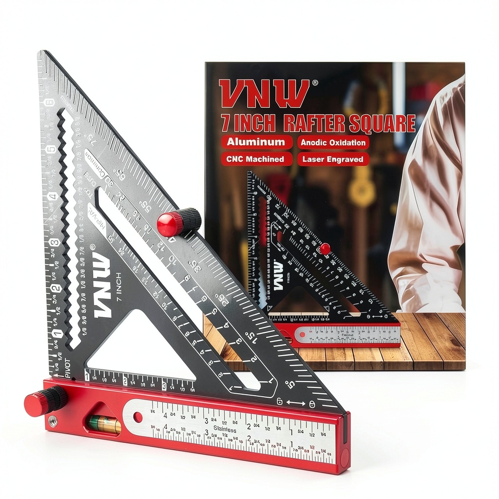 VNW rafter square displaying protractor and ruler features on a workbench