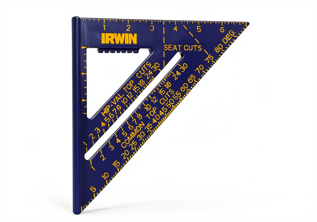 IRWIN 7-inch aluminum rafter square showing detailed markings and brushed finish
