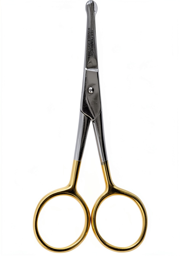 MiracleCorp cat grooming scissors in use on a tabby cat